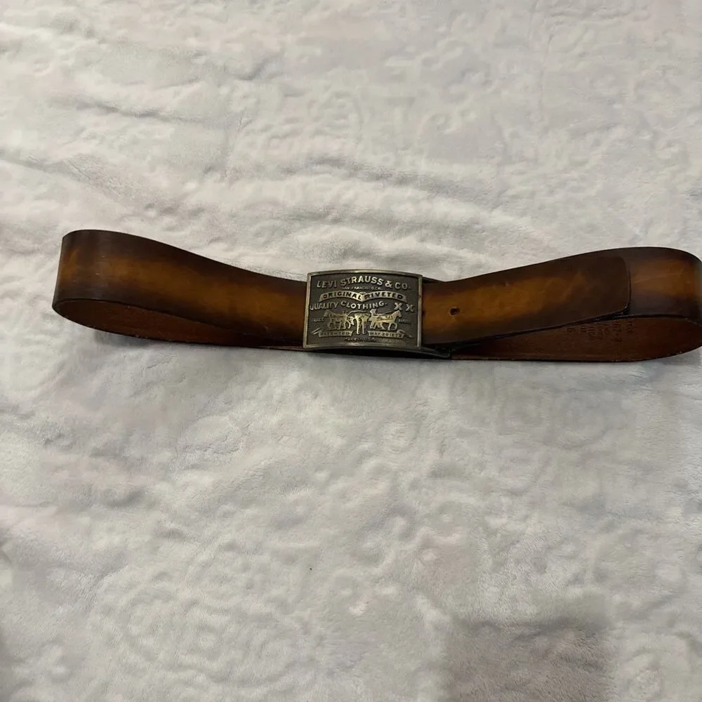 70s LEVIS Strauss Belt & Buckle 36 Tan Brass Hand Stained Latigo Leather 2 Horse